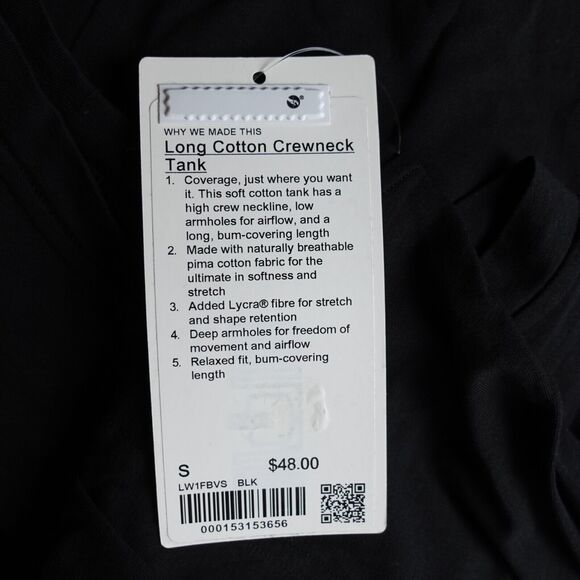 New Lululemon Size Small Long Cotton Crewneck Tank Pima Cotton Relaxed Fit Black - Picture 4 of 4